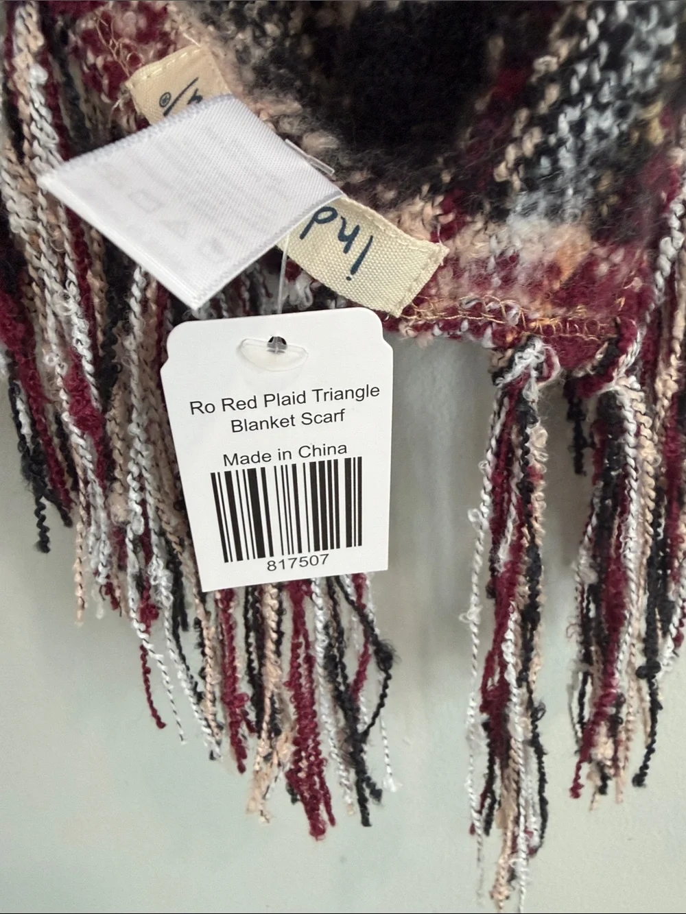 indigo soul Burgundy Plaid‎ Fringed Triangle Scarf